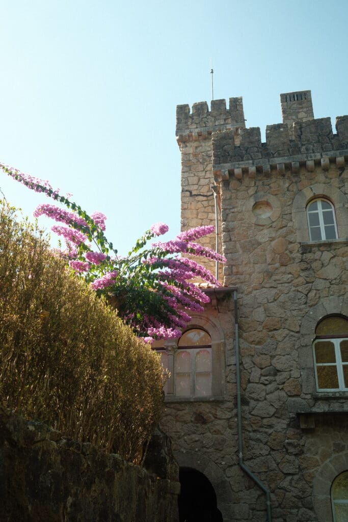Quinta da Regaleira estate framed by vibrant flowers in a charming Portuguese village.