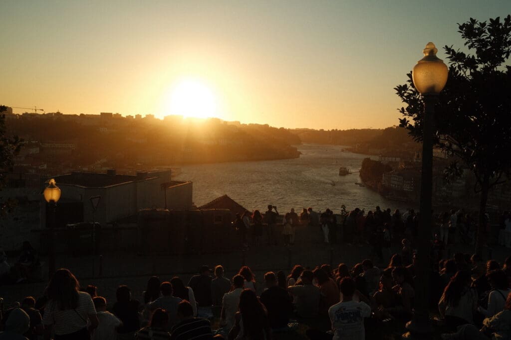 Crowds gathered to watch the sunset in Porto, Portugal.