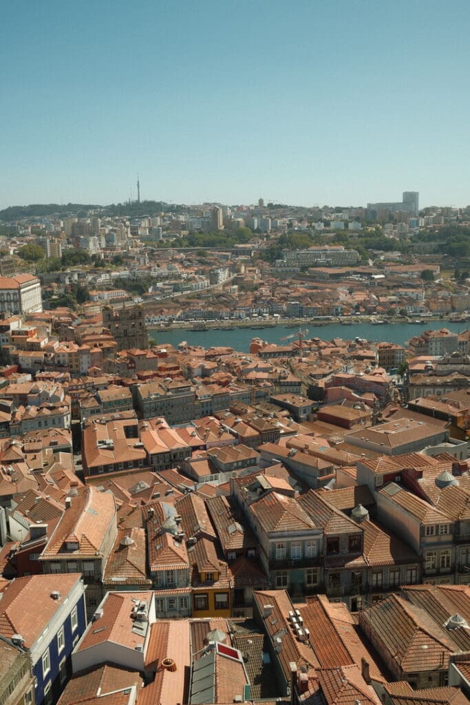 Panoramic view of Porto's historic rooftops and the Douro River stretching through the city.