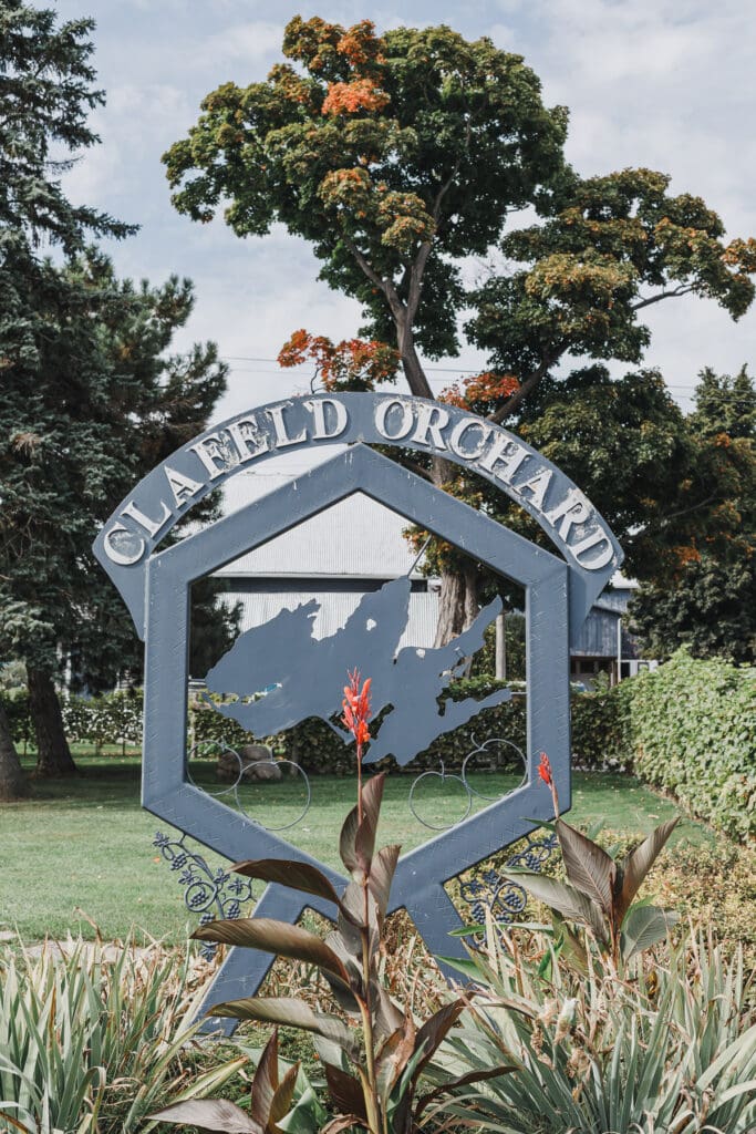 Clafeld Orchard sign at Waupoos Estates Winery in Prince Edward County